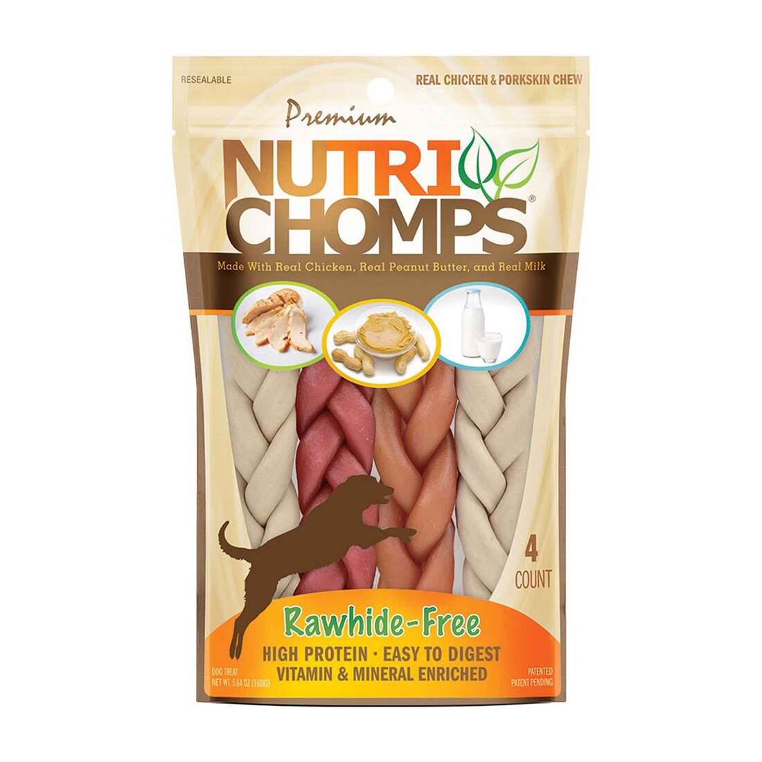 NutriChomps Dog Chews, 6-inch Braids, Real Chicken, Peanut Butter and Milk Flavors, 4 Count