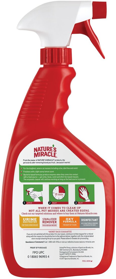 Nature's Miracle Advanced Just For Cats Stain & Odor Remover Spray Sunny Lemon, 32 Ounces