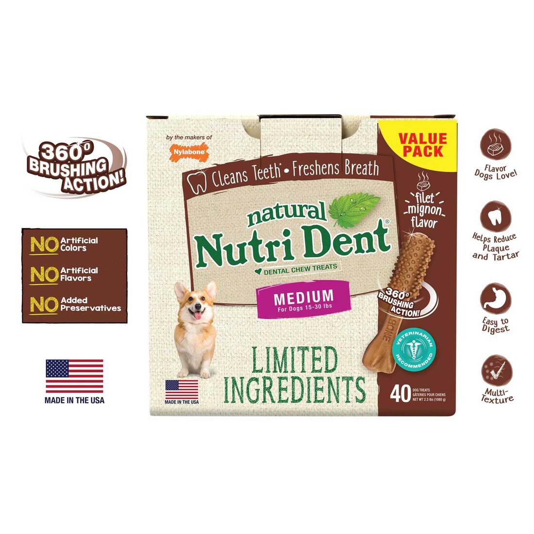 Nylabone Nutri Dent Filet Mignon, 40 Count Box