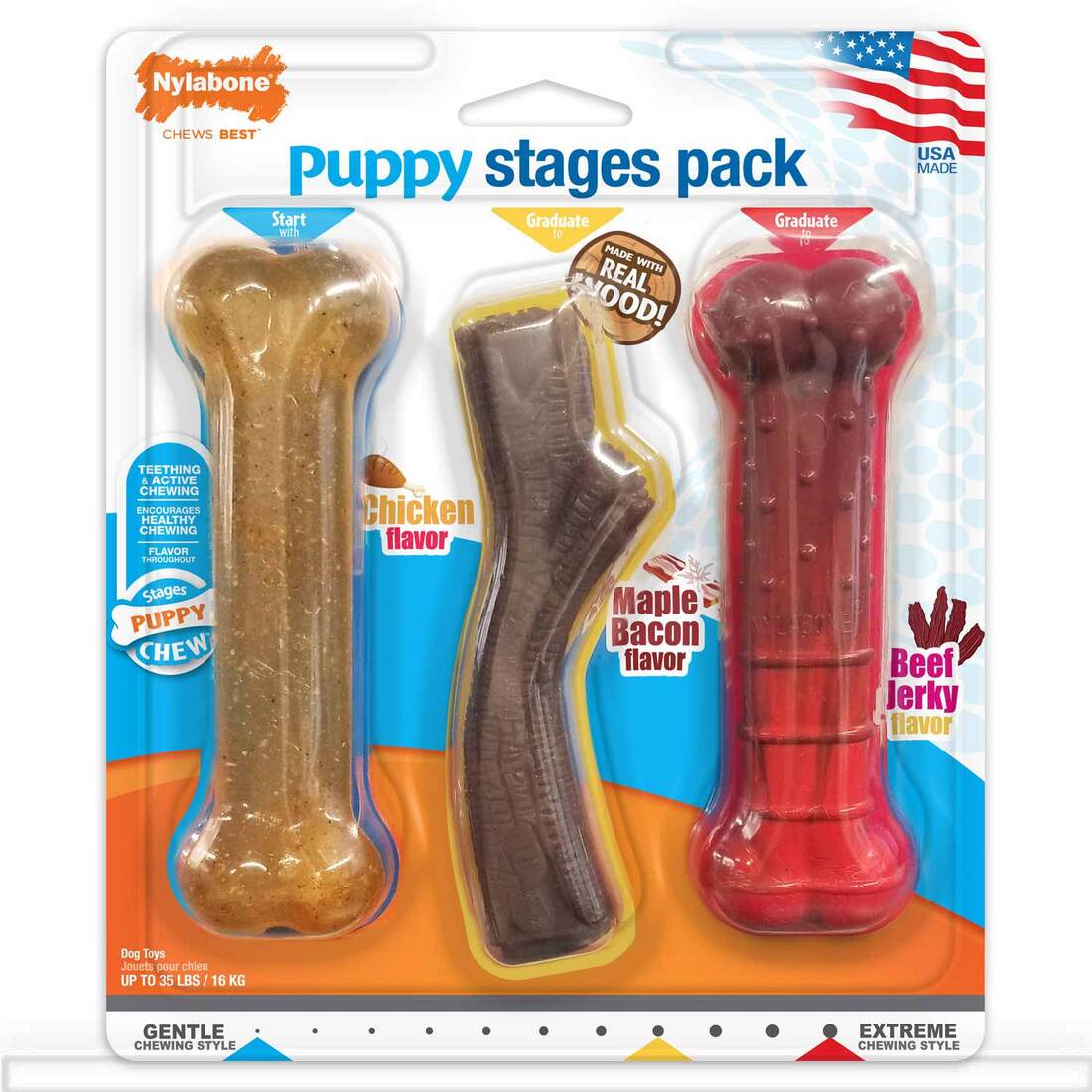 Nylabone Puppy Chew Stages Triple Chew Toy Pack, Medium/Wolf, 3 Count