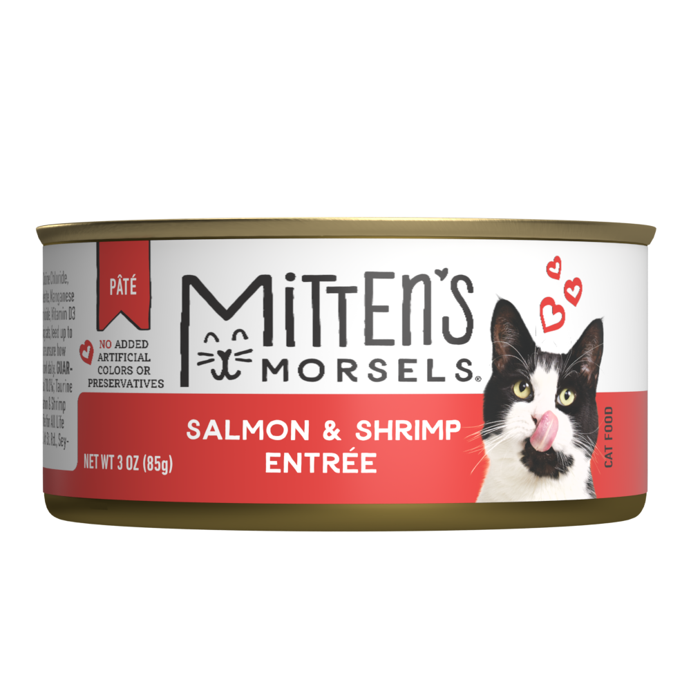 Mitten's Morsels Wet Cat Food, Salmon and Shrimp Entrée Pate, 3 Ounces