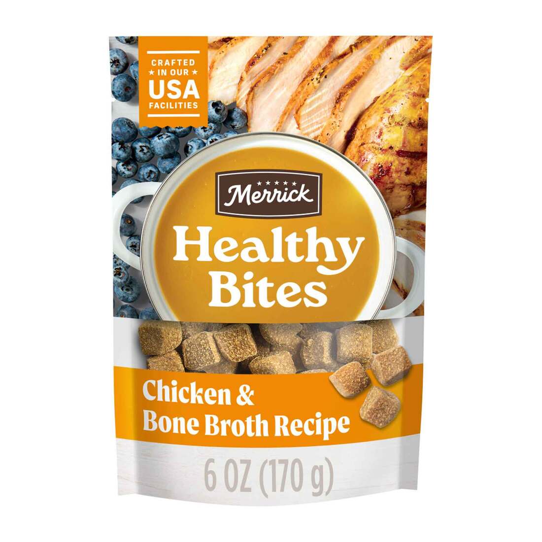 Merrick Healthy Bites Grain Free Soft Dog Treats, Chicken And Bone Broth Recipe - 6 Ounce Pouch