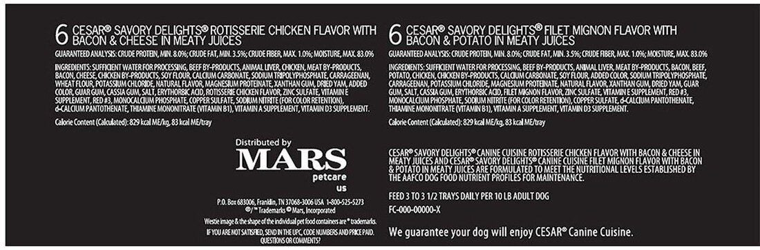 Cesar Savory Delights Variety Pack Rotisserie Chicken & Filet Mignon Dog Food (12 Count)