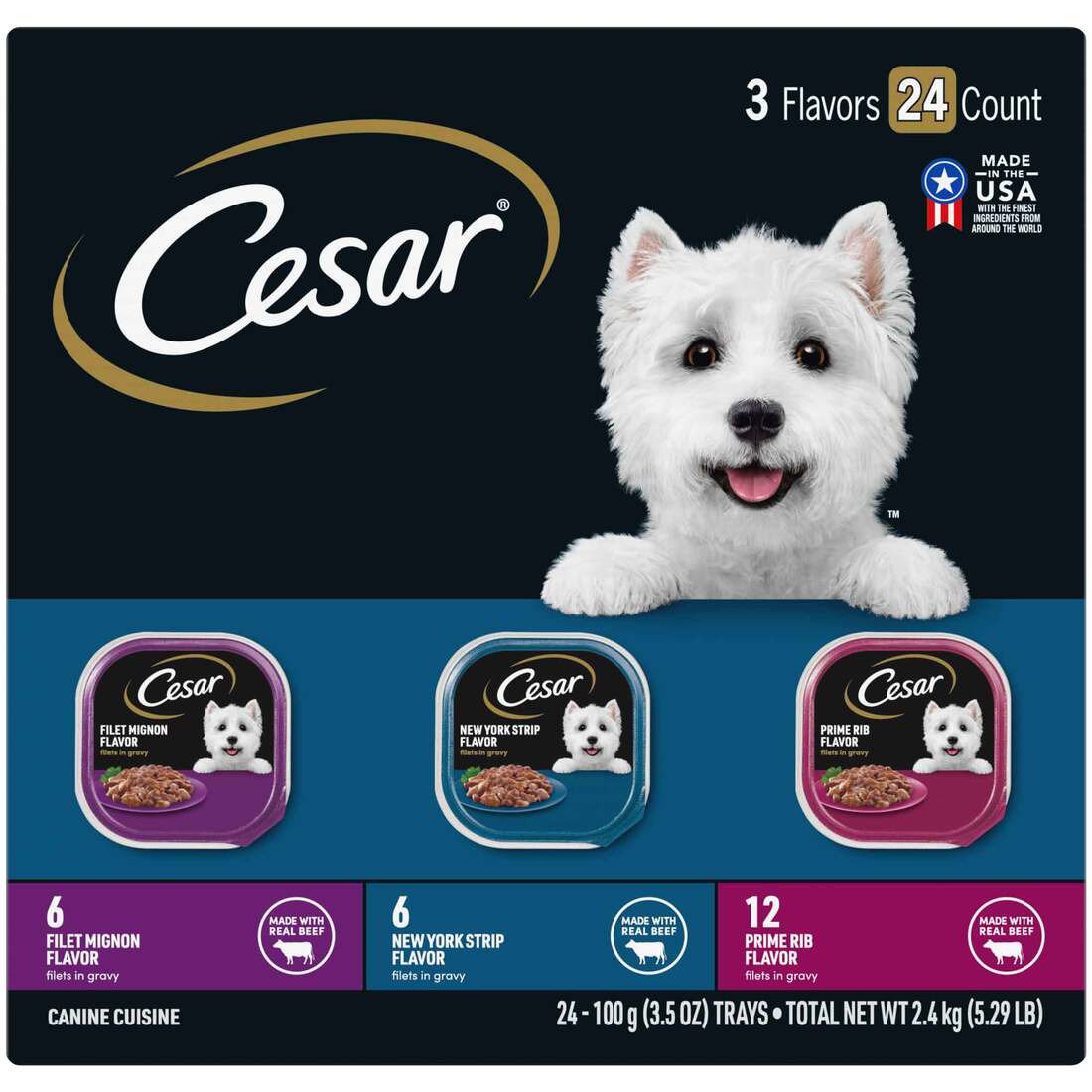 Cesar Wet Dog Food Variety Pack, Gourmet Filet, 24 Count, 84 Ounces