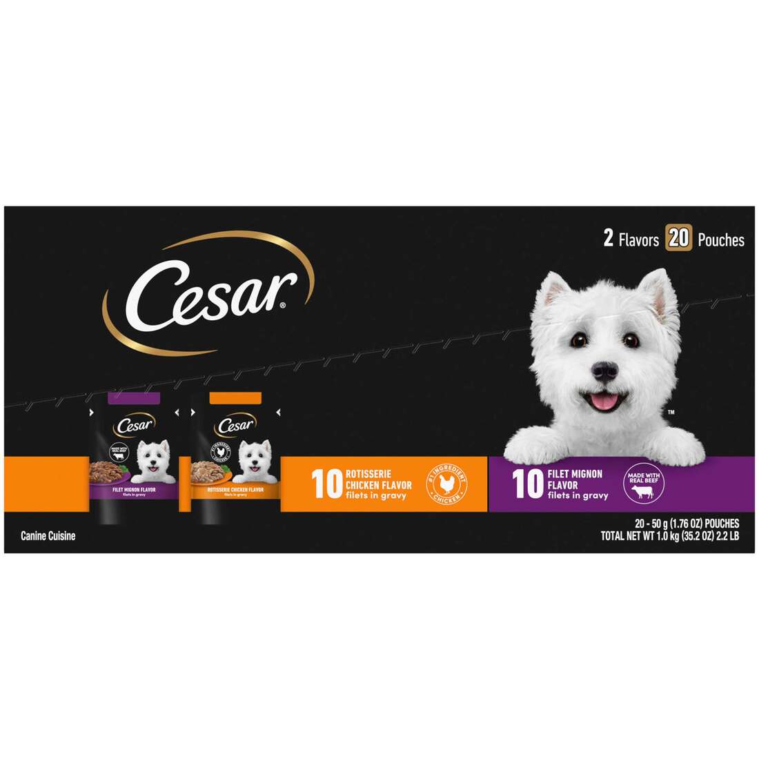 Cesar Wet Dog Food Pouch, Filet Mignon/Rotisserie Chicken Varity Pack, 35.2 Ounces, 20 Count