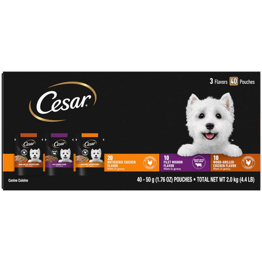 Cesar Wet Dog Food Pouch, Multipack Variety Pack, 70.4 Ounces, 40 Count ...