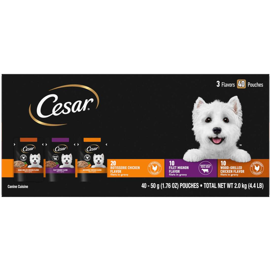 Cesar Wet Dog Food Pouch, Multipack Variety Pack, 70.4 Ounces, 40 Count