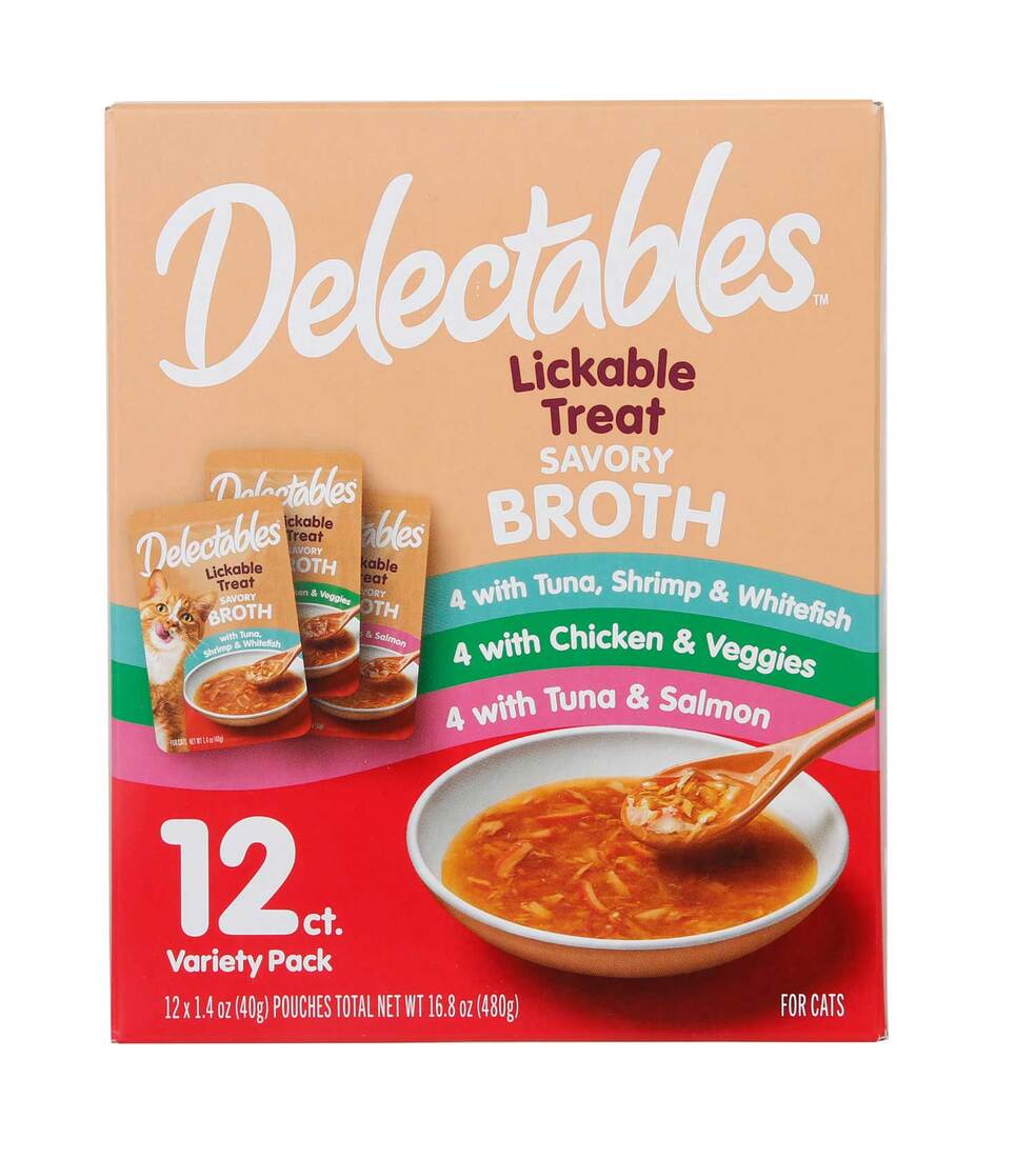Hartz Delectables Lickable Broth Variety Pack, 1.4 Ounce Pouches, 12 Pack