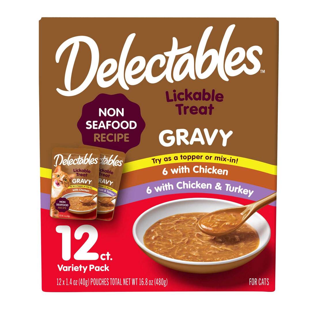 Hartz Delectables Gravy Lickable Cat Treats Variety Pack, Non Seafood, 1.4 Ounce Pouches, 12 Count