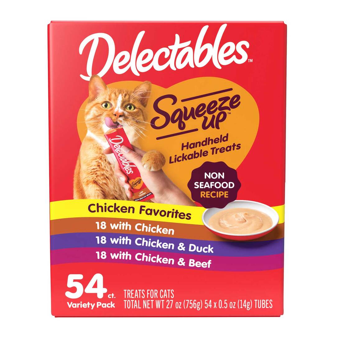 Hartz Delectables Squeeze Ups Lickable Cat Treats Variety Pack, Non Seafood Chicken, Duck & Beef, 54