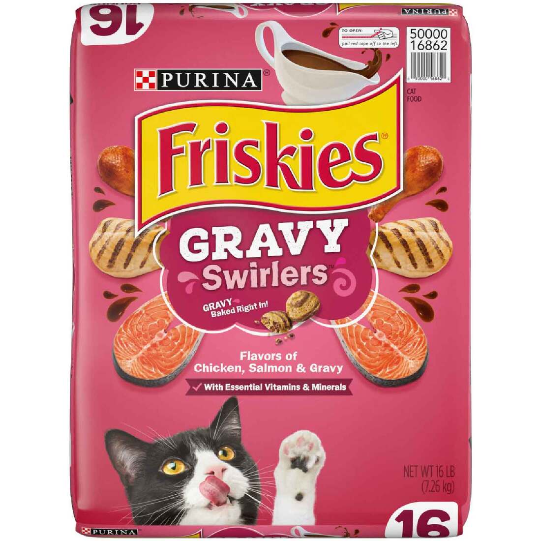 Purina Friskies Dry Cat Food Gravy Swirl'd With Flavors of Chicken, Salmon and Gravy - 16 Pound Bag