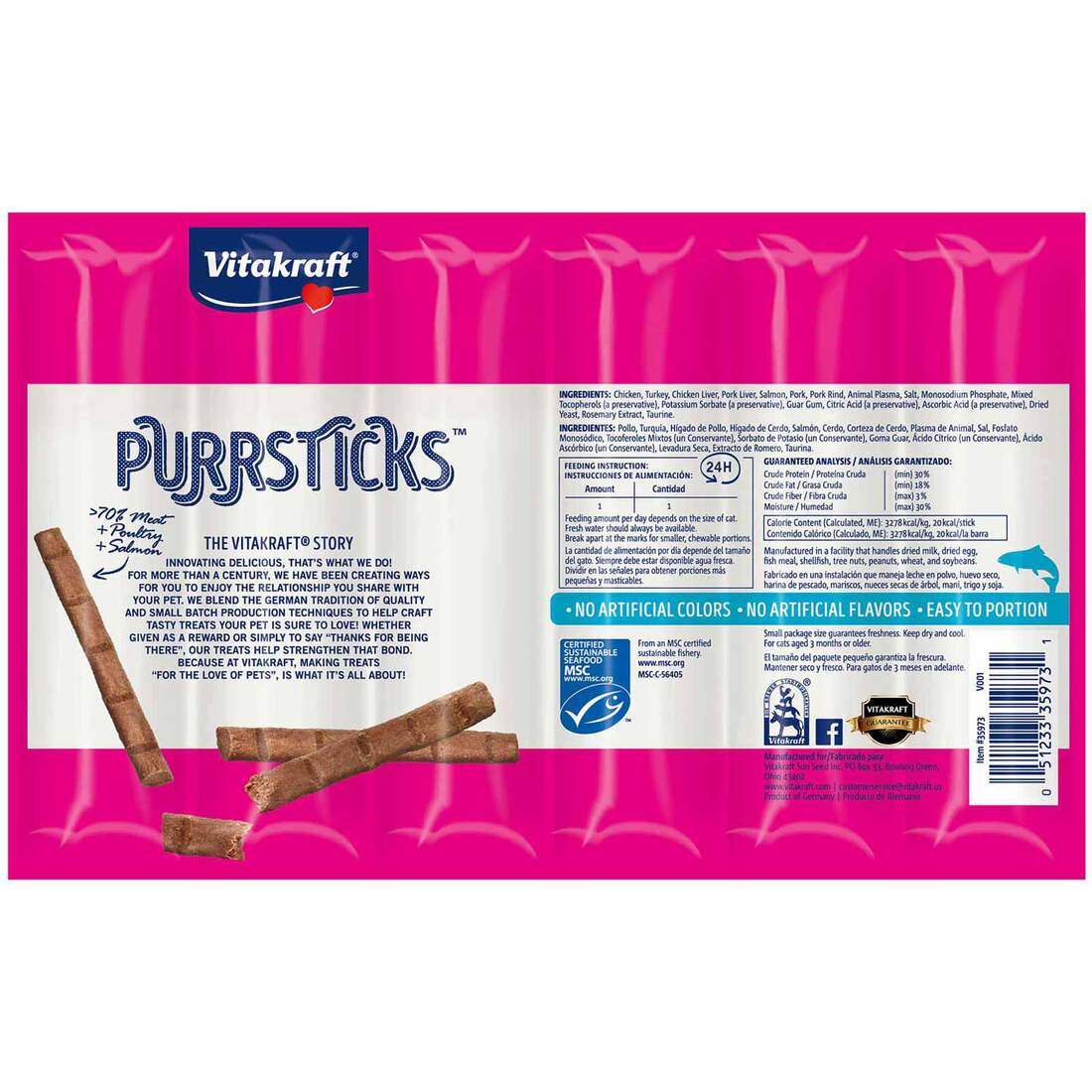 Vitakraft Purrstick Chicken and Salmon Cat Treat, 1.26 Ounces, 6 Pack