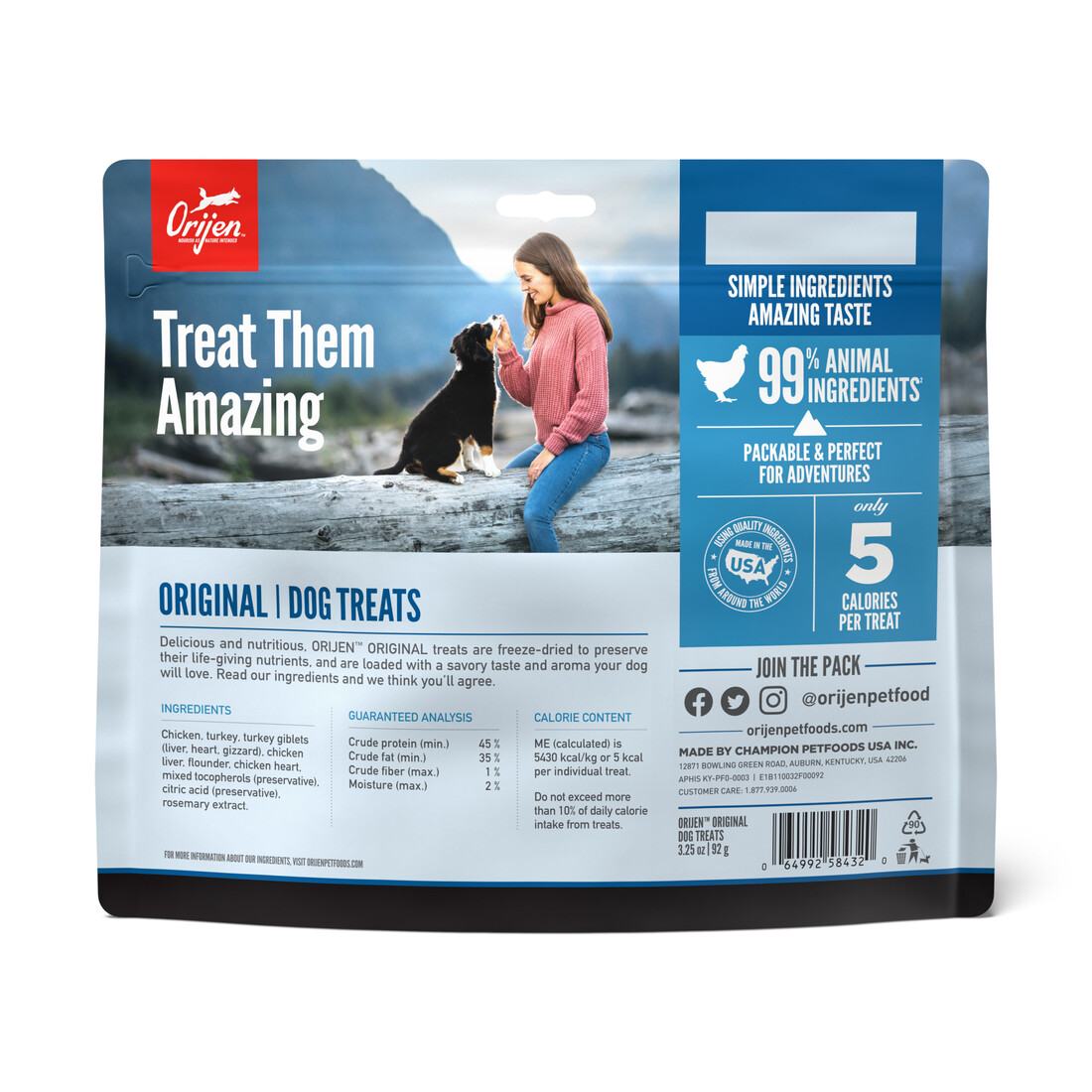 ORIJEN® Freeze Dried Dog Treats, Grain Free, High Protein, Raw Animal Ingredients, Original, 3.25 Ou