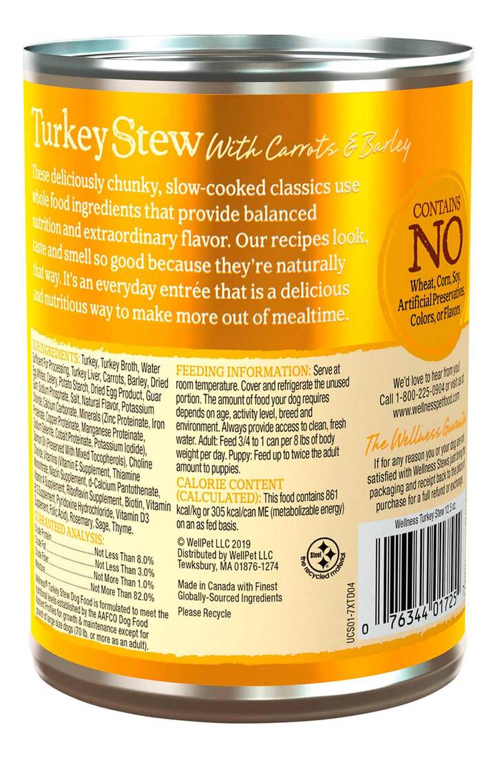 Wellness Thick & Chunky Natural Canned Dog Food, Turkey Stew, 12.5-Ounce Can