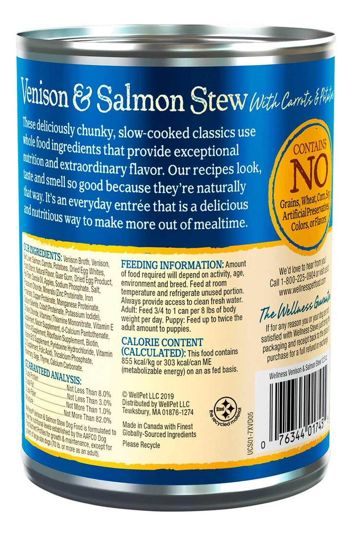 Wellness Thick & Chunky Natural Canned Dog Food, Venison & Salmon Stew, 12.5-Ounce Can