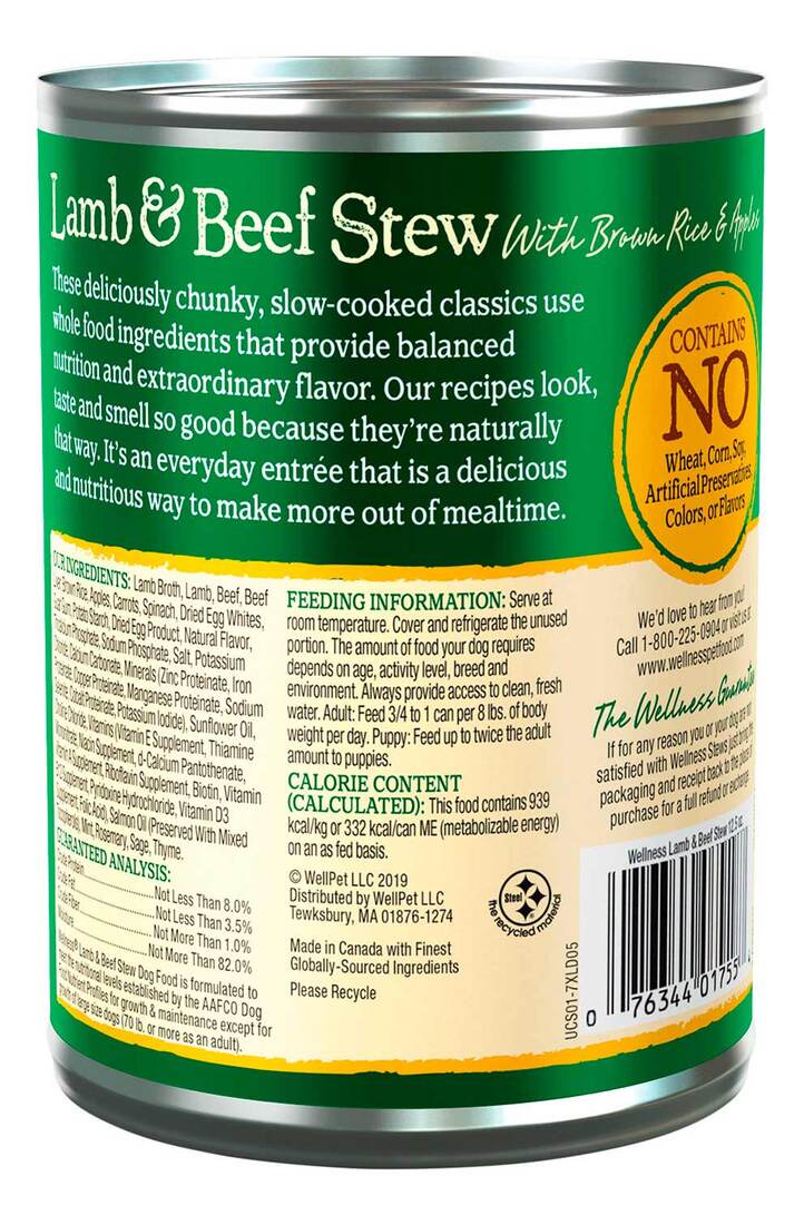 Wellness Thick & Chunky Natural Canned Dog Food, Lamb & Beef Stew, 12.5-Ounce Can