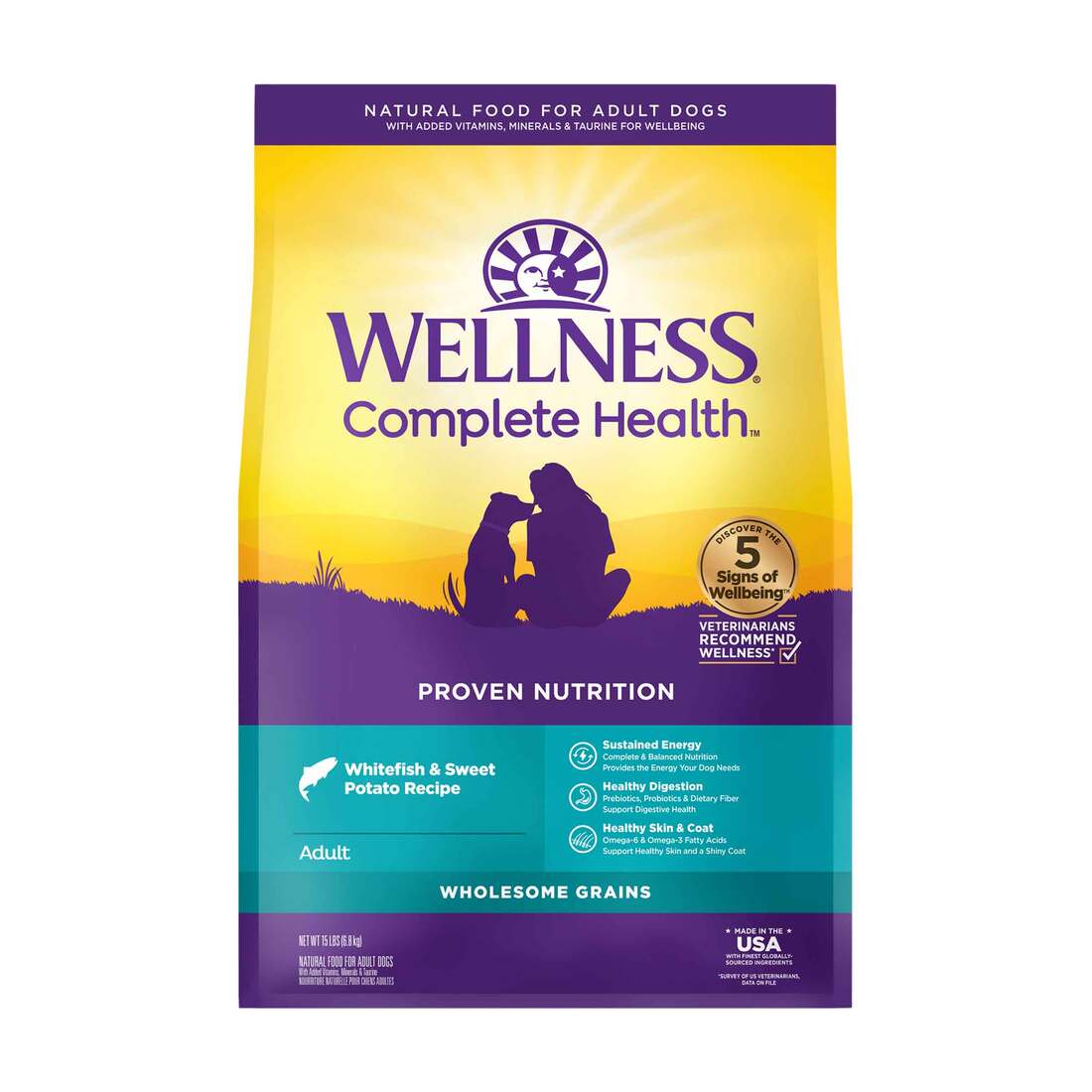 Wellness Complete Health Natural Dry Dog Food, Whitefish & Sweet Potato, 15-Pound Bag