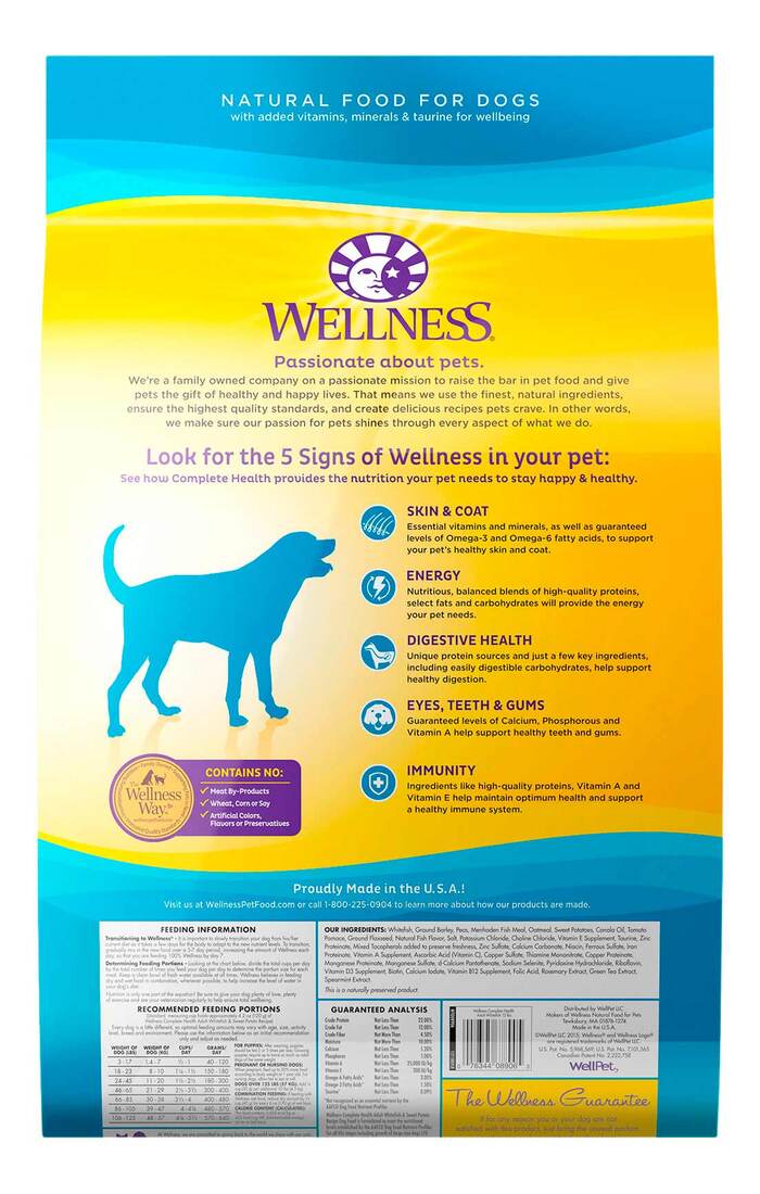 Wellness Complete Health Natural Dry Dog Food, Whitefish & Sweet Potato, 15-Pound Bag