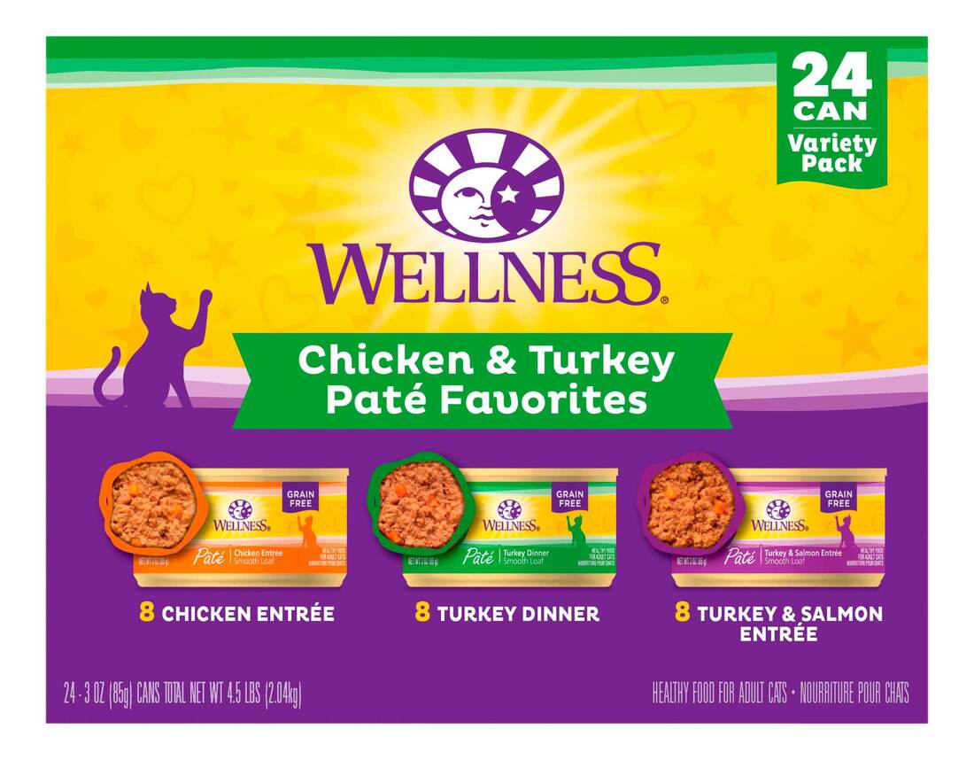 Wellness Natural Wet Cat Food, Chicken & Turkey Pate Favorites Variety Pack (24), 3 Ounces