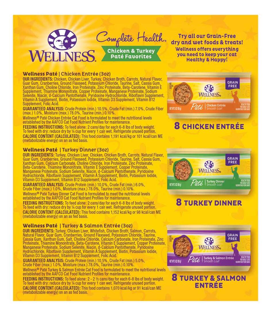 Wellness Natural Wet Cat Food, Chicken & Turkey Pate Favorites Variety Pack (24), 3 Ounces