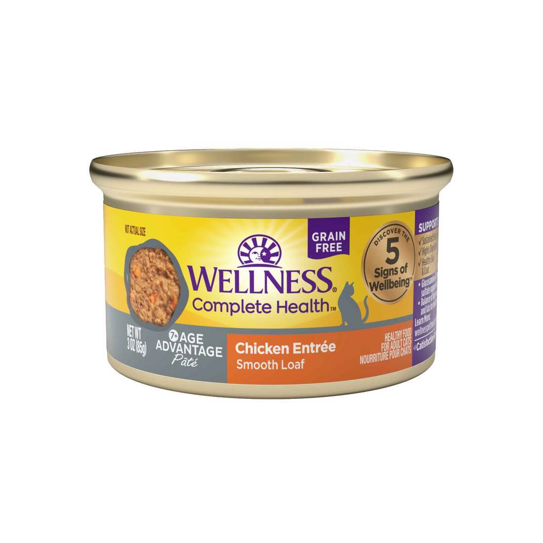 Wellness Complete Health Grain-Free Age Advantage Senior Canned Cat Food, Pate, Chicken, 3-oz