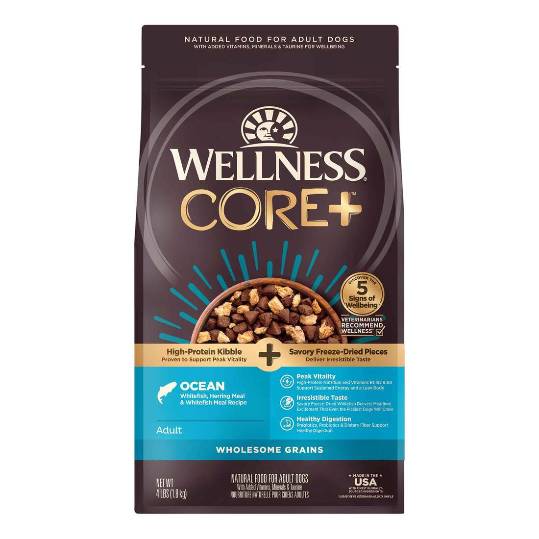 Wellness CORE+ Grained Dry Dog Food, Ocean Recipe with Freeze Dried Whitefish, 4 Pound Bag