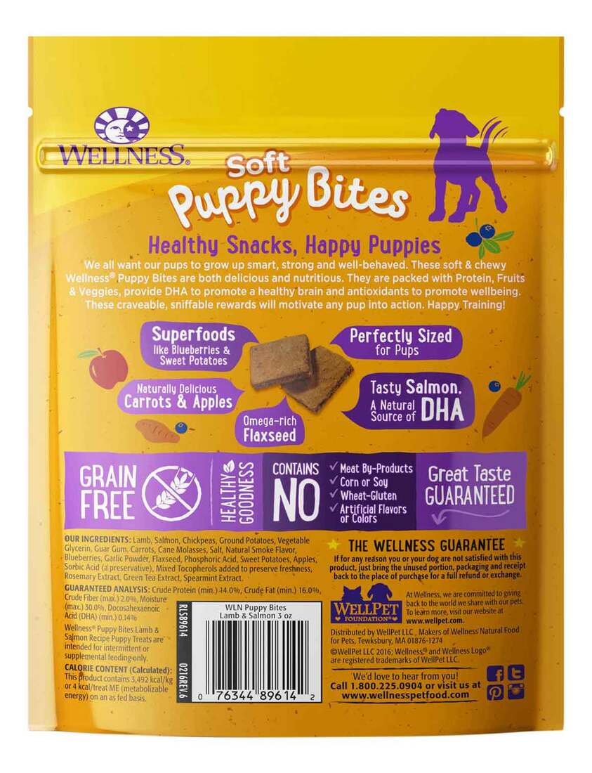 Wellness Puppy Bites Natural Grain Free Soft Puppy Treats, Lamb & Salmon, 3 Ounce Bag