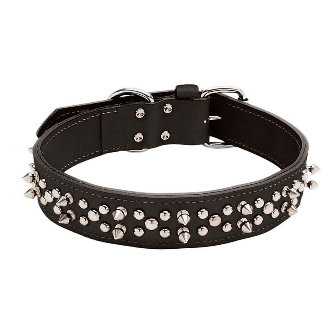 Circle T Oak Tanned Leather Double-Ply Spiked Dog Collar, Black, Large