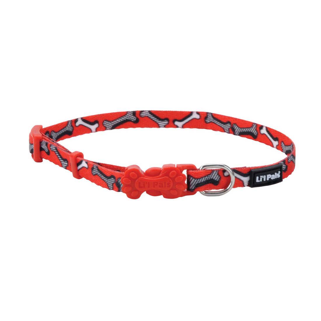 Li'l Pals® Adjustable Patterned Dog Collar, Red and White Bones, 3/8" x 06"-08"