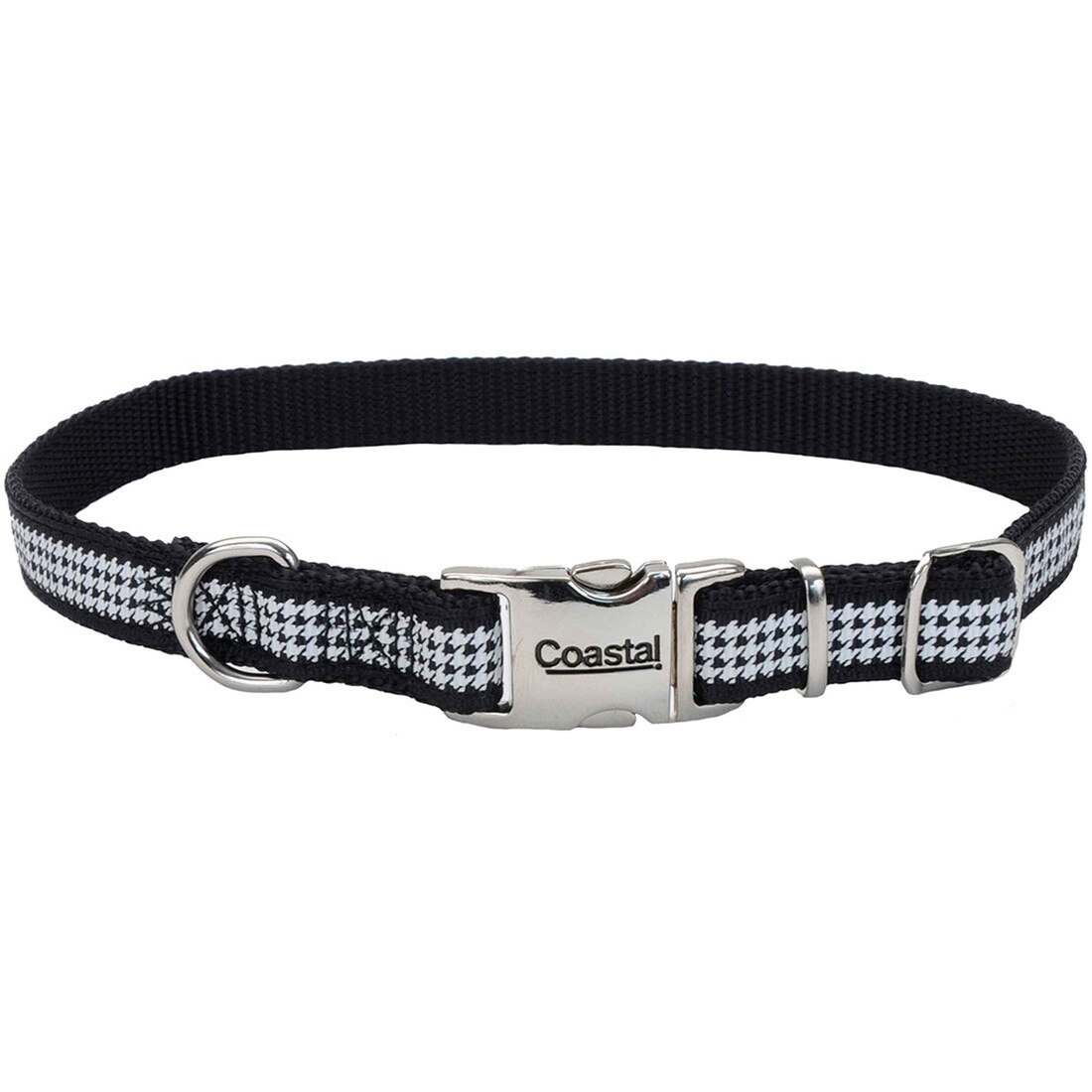 Coastal Pet Products Ribbon Adjustable Dog Collar with Metal Buckle, Houndstooth, 5/8" x 12"-18"