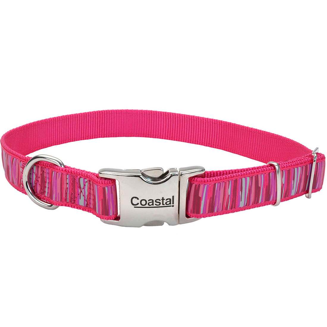 Coastal Pet Products Ribbon Adjustable Dog Collar with Metal Buckle, Pink Flamingo Stripe, 5/8" x 12