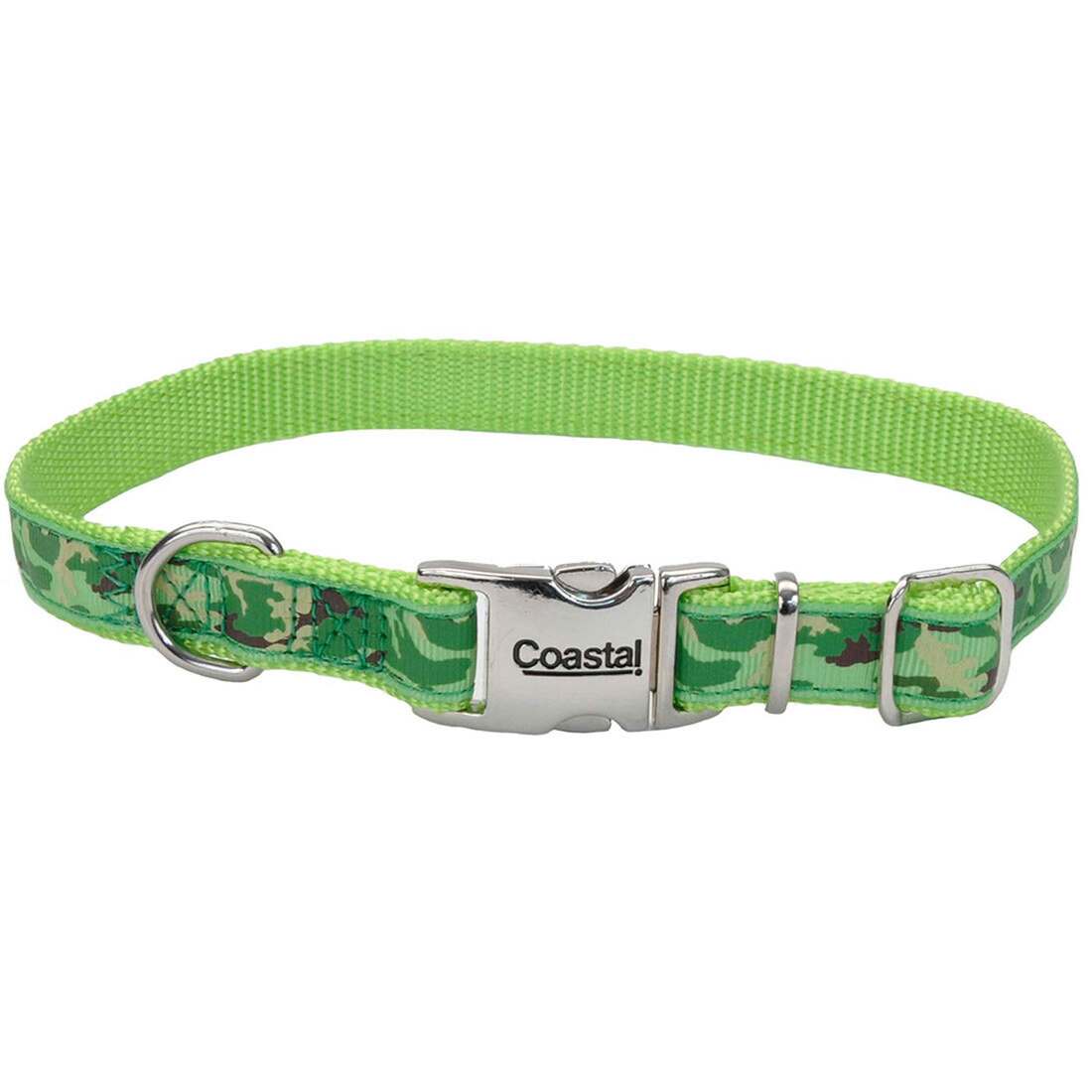 Coastal Pet Products Ribbon Adjustable Dog Collar with Metal Buckle, Lime Camouflage, 1" x 18"-26"