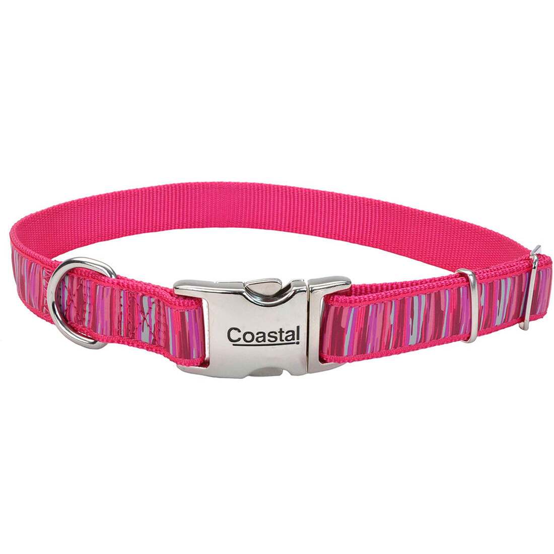 Coastal Pet Products Ribbon Adjustable Dog Collar with Metal Buckle, Pink Flamingo Stripe, 1" x 18"-