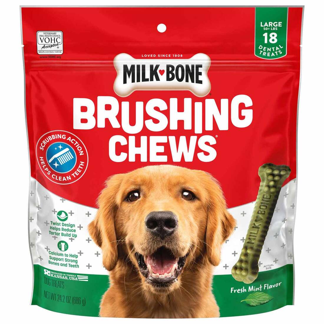 Milk-Bone Brushing Chews Daily Dental Dog Treats, Fresh Breath, Large, 24.2 Ounce Bags, 18 Bones Per