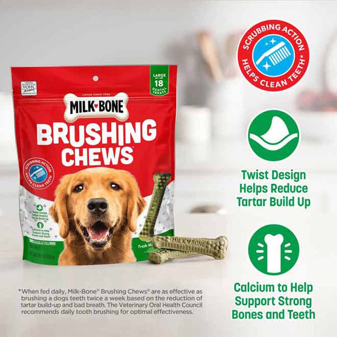 Milk-Bone Brushing Chews Daily Dental Dog Treats, Fresh Breath, Large, 24.2 Ounce Bags, 18 Bones Per