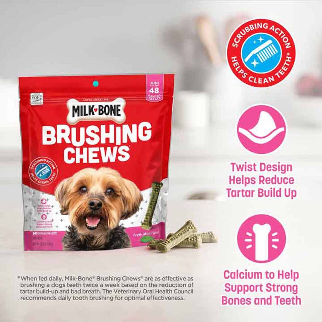 Milk-Bone Brushing Chews Daily Dental Dog Treats, Fresh Breath, Mini, 18.9 Ounce Bag, 48 Bones Per B