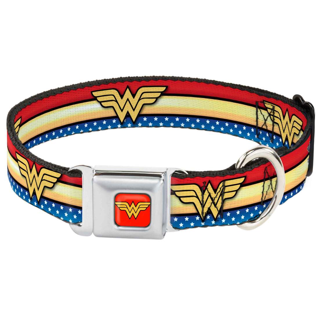 Buckle-Down Seatbelt Buckle Dog Collar - Wonder Woman Logo Stripe/Stars Red/Gold/Blue/White - 1" Wid
