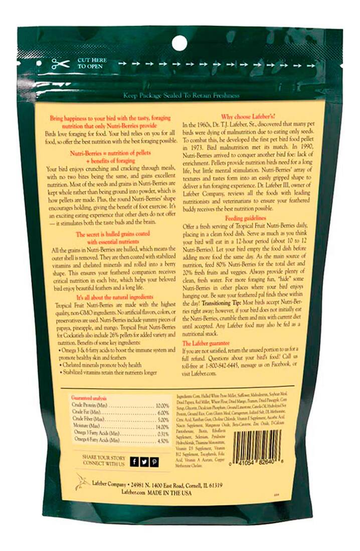 Lafeber Tropical Fruit Nutri-Berries for Keets, Tiels, Lovebirds & Conures, 10 Ounces