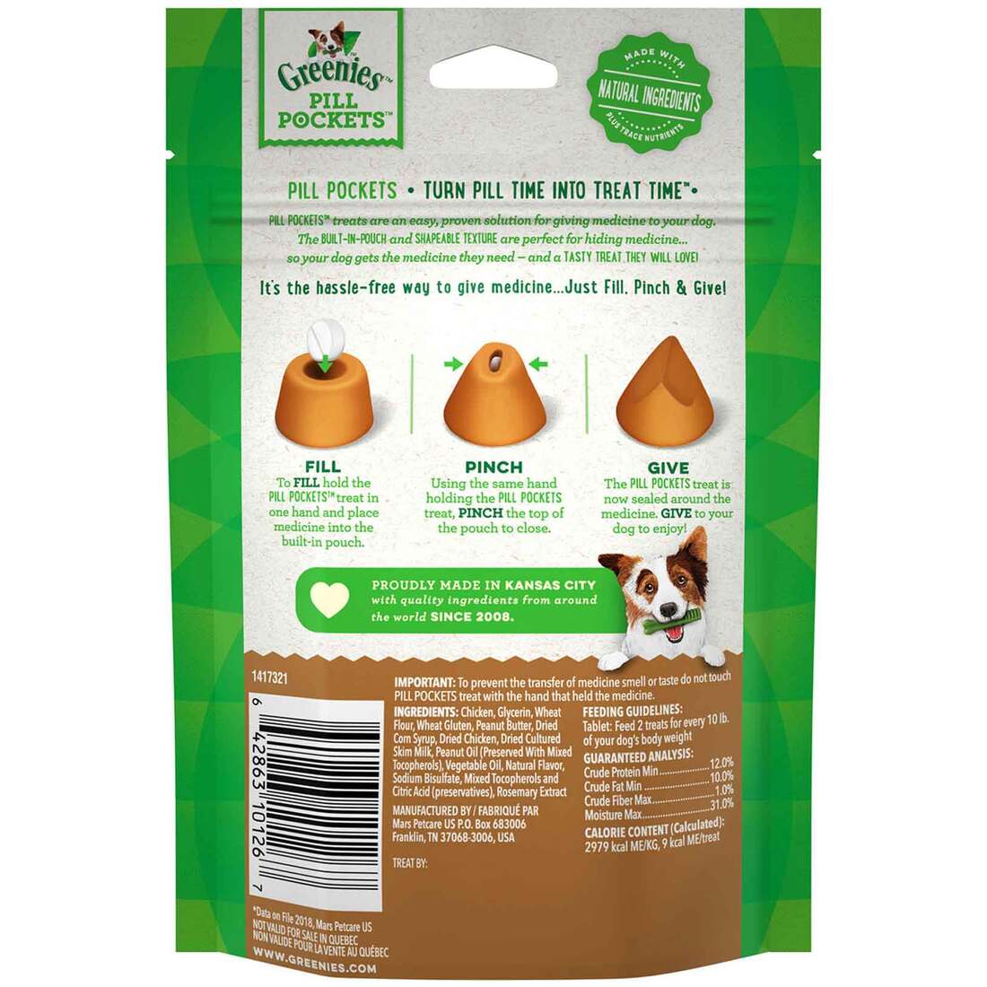 GREENIES PILL POCKETS for Dogs Tablet Size Natural Soft Dog Treats with Real Peanut Butter, 3.2 Ounc