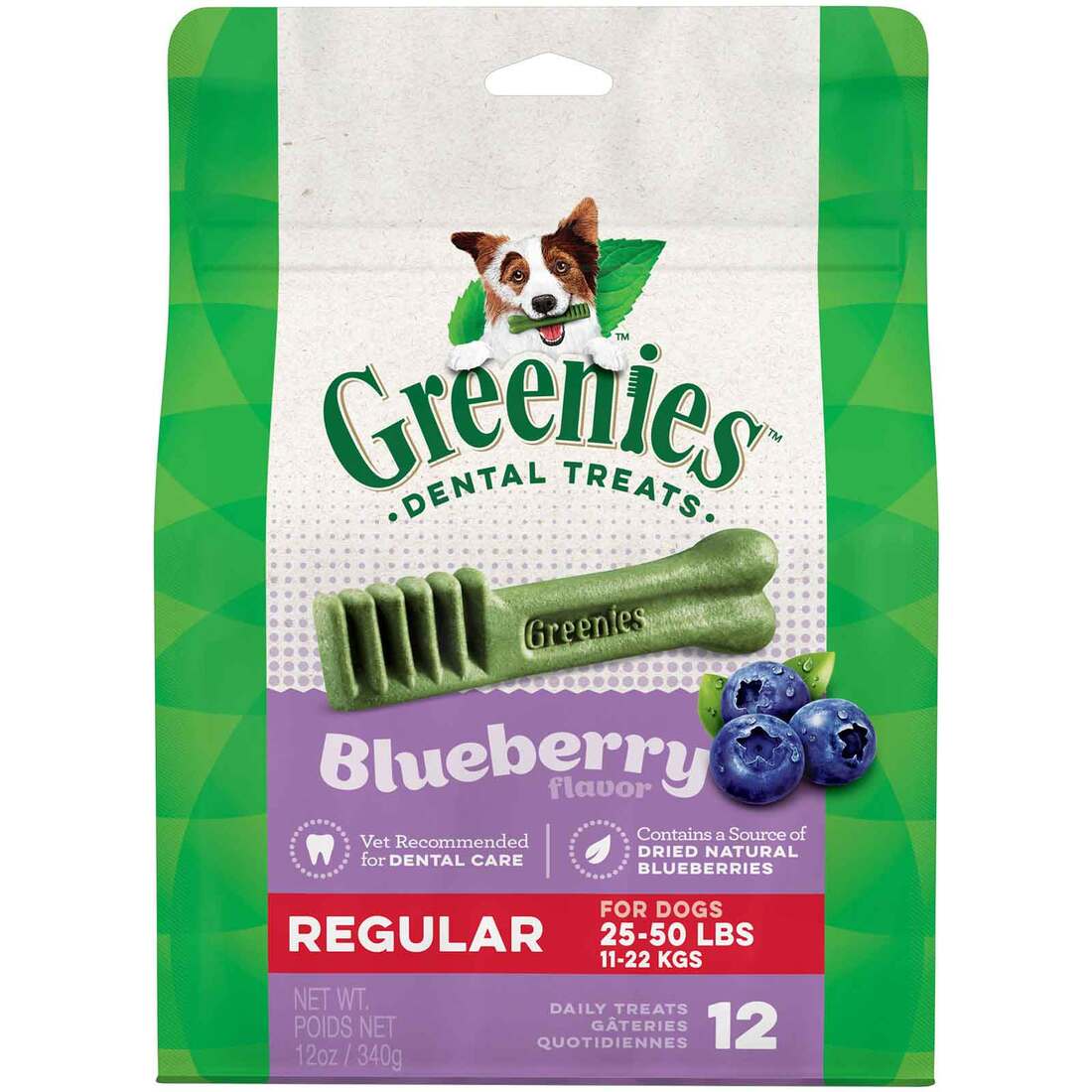 GREENIES Regular Natural Dog Dental Care Chews Oral Health Dog Treats Blueberry Flavor, 12 Ounce Pac