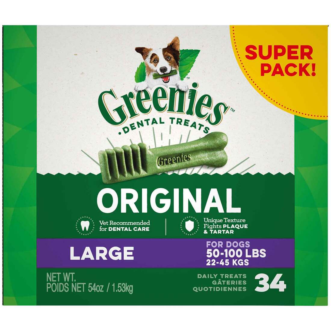 GREENIES Original Large Natural Dental Care Dog Treats, 54 Ounce Pack (34 Treats)