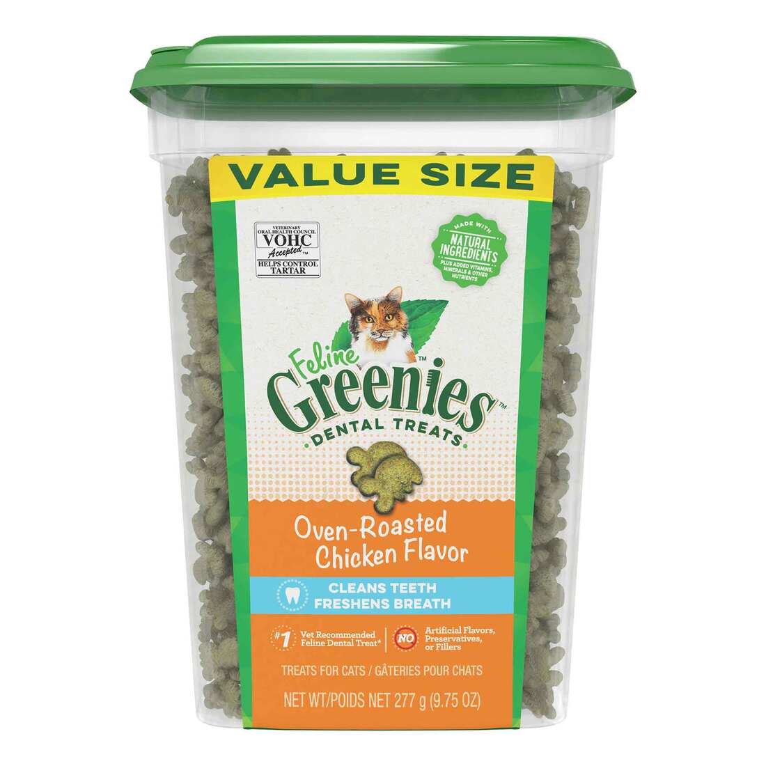 FELINE GREENIES Adult Dental Cat Treats, Oven Roasted Chicken Flavor, 9.75 Ounce Tub