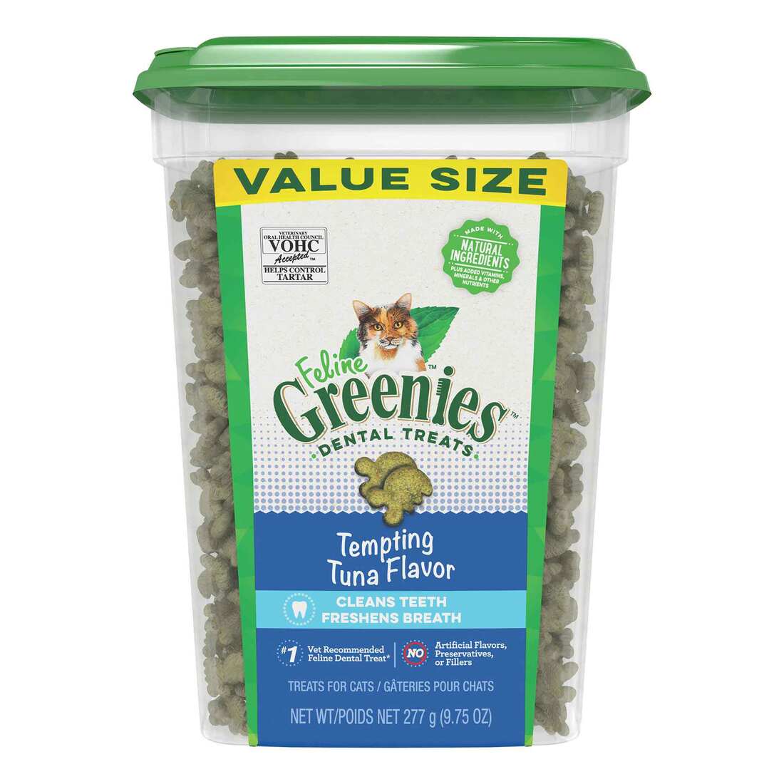 FELINE GREENIES Adult Dental Cat Treats, Tempting Tuna Flavor, 9.75 Ounce Tub