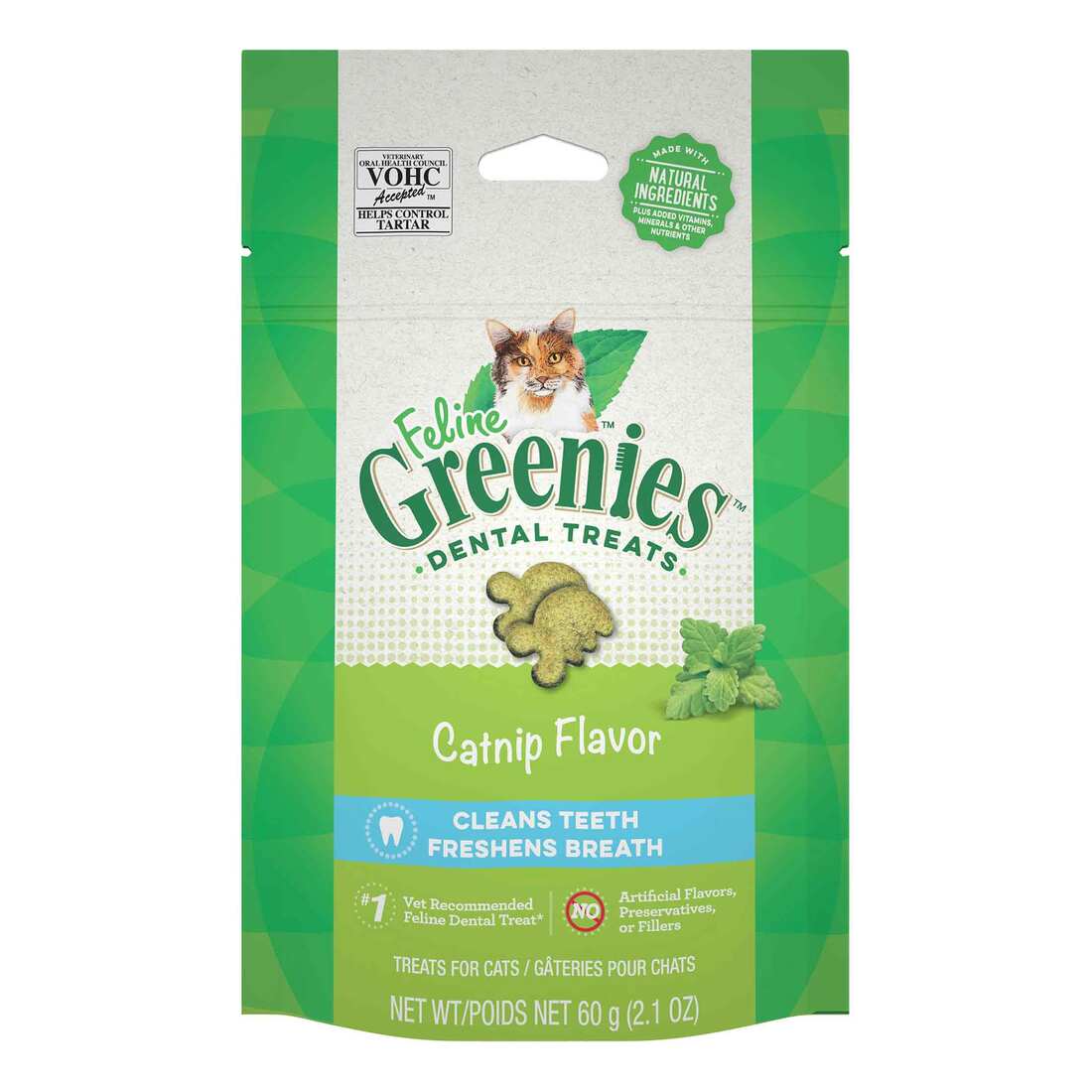 FELINE GREENIES Adult Natural Dental Care Cat Treats, Catnip Flavor, 2.1 Ounce Pouch