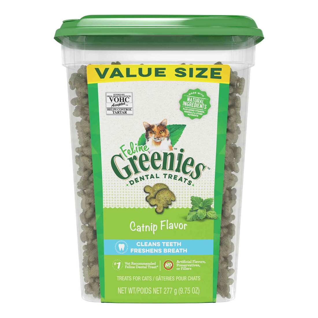 FELINE GREENIES Adult Dental Cat Treats, Catnip Flavor, 9.75 Ounce Tub