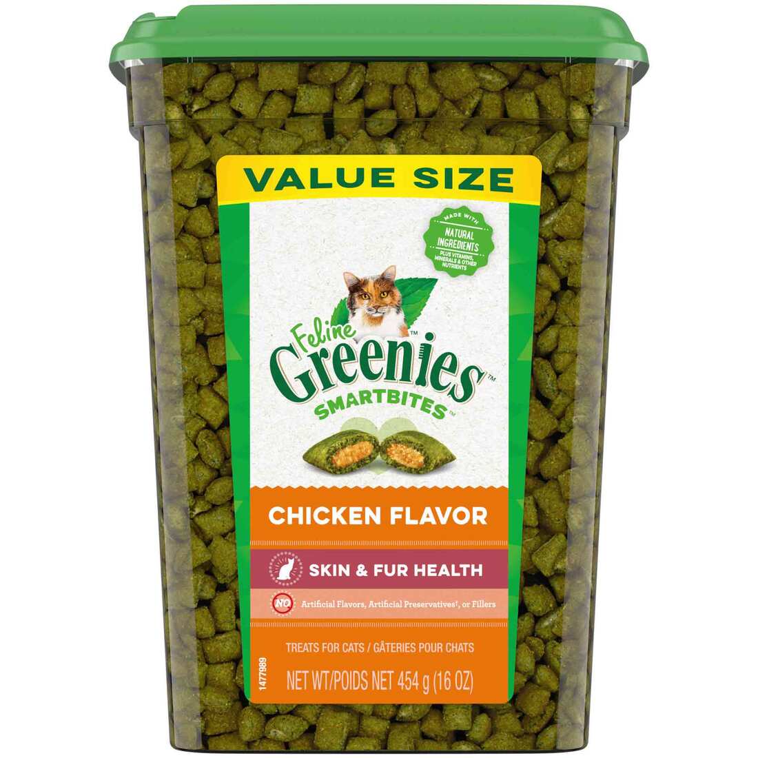 FELINE GREENIES SMARTBITES Skin & Fur Crunchy and Soft Textured Adult Natural Cat Treats, Chicken Fl