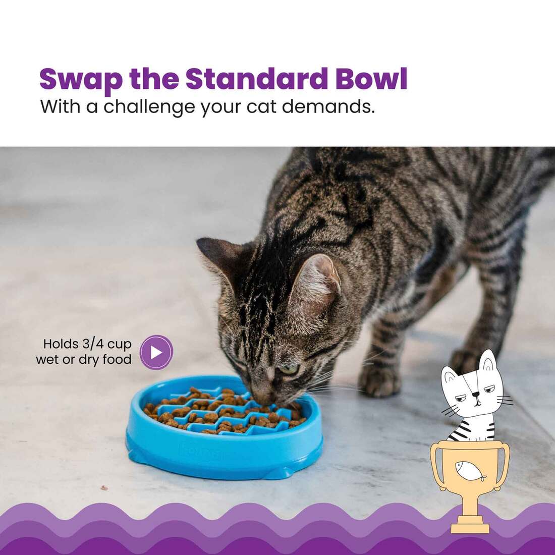 Catstages Kitty Slow Feeder Cat Bowl, Blue