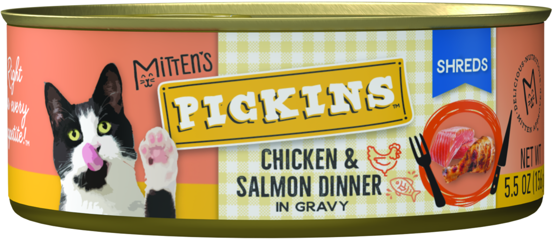 Mitten's Pickins Wet Cat Food, Adult Chicken and Salmon Dinner Shreds in Gravy, 5.5 Ounces