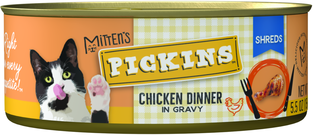 Mitten's Pickins Wet Cat Food, Chicken and Salmon Dinner Shreds in Gravy, 5.5 Ounces