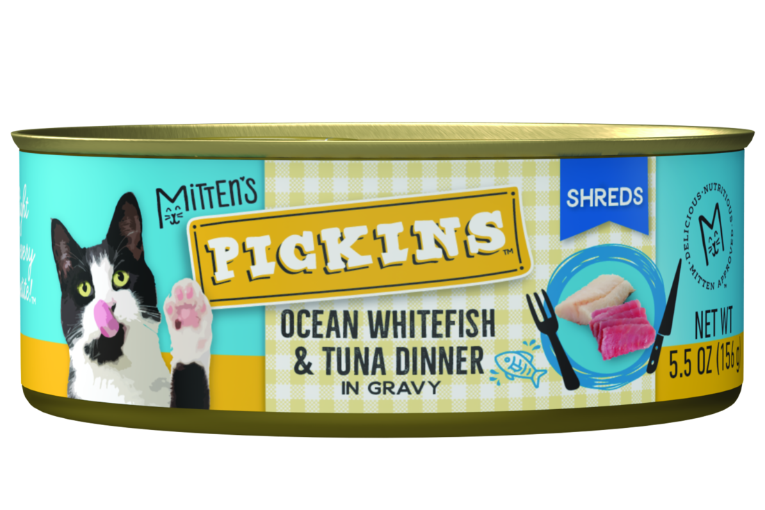 Mitten's Pickins Wet Cat Food, Ocean Whitefish and Tuna Dinner Shreds in Gravy, 5.5 Ounces